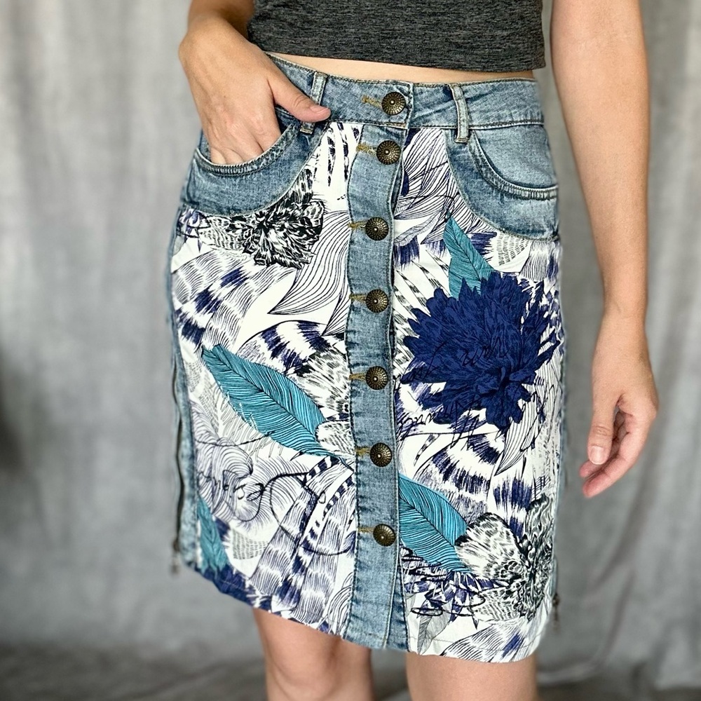 Desigual Mixed Media Denim Cotton Skirt, Blue Floral Graphics, Women’s Small, 36